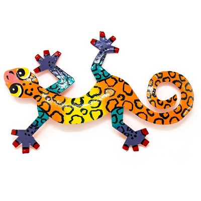 Global Crafts Eight inch Painted Gecko Recycled Haitian Metal Wall Art, Yellow