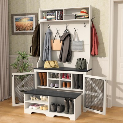 Buenhomino 4 in 1 Hall Tree Coat Rack Versatile Entryway Storage Bench Shoe Cabinet with 7 Hooks, Cubbies and Shelves,Antique White