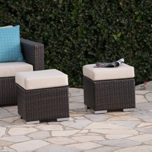 GDFStudio  Avianna Outdoor Wicker Ottomans with Cushion (Set of 2) - 1 of 4