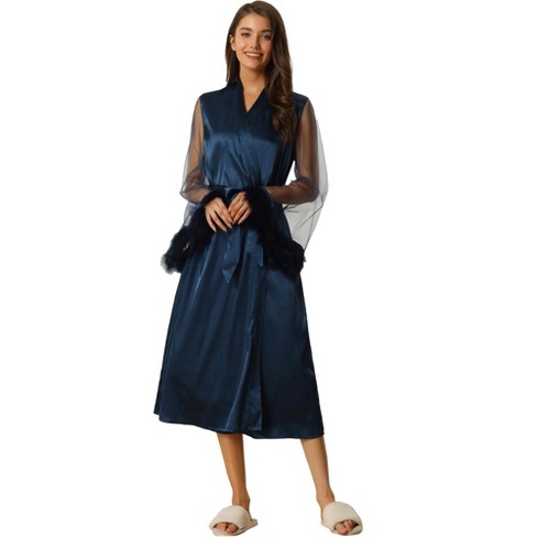 Cheibear Women's Satin Robe Feather Trim Bridesmaid Bathrobe Mesh Long  Sleeve Bridal Party Sleepwear Blue Medium : Target