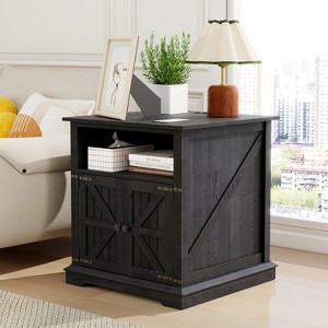 Vipbear 24" Farmhouse End Table with Charging Station - Black Wood Sofa Side/Bedside Table, Adjustable Storage Shelf - 1 of 4