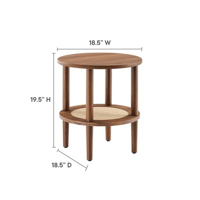Walnut Round Wood Side Table with Rattan Shelf