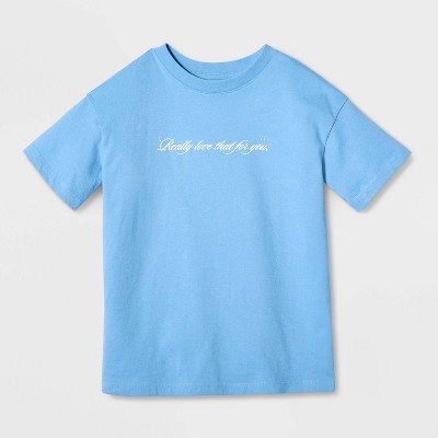 Детские футболки Cat & Jack Girls' Short Sleeve 100% Cotton 'Love That' Oversized Graphic T-Shirt - Cat & Jack™ Blue L — фото 2