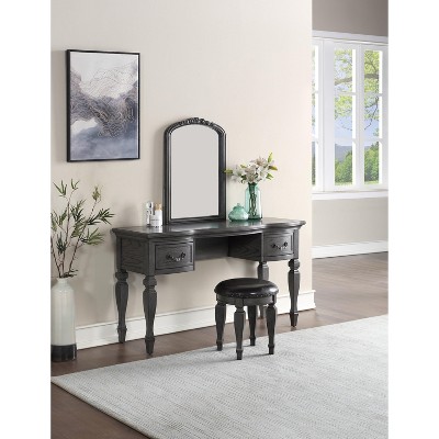 Vynxaria Classic Black Vanity Set with Carved Mirror, Stool, and Storage Drawers