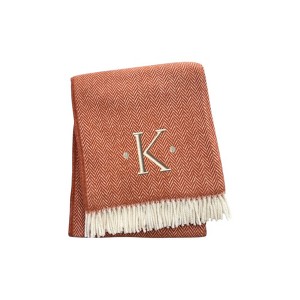 HomeRoots 55" X 70" Terra Cotta And White Herringbone Cotton Blend K Initial Throw Blanket with Tassels And Embroidery - 1 of 4
