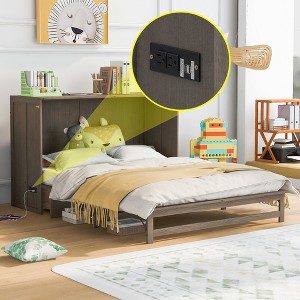 Queen Size Murphy Bed with USB Charging Station, Large Drawer Storage, Solid Wood Frame, Antique Gray Space-Saving Design - 1 of 4