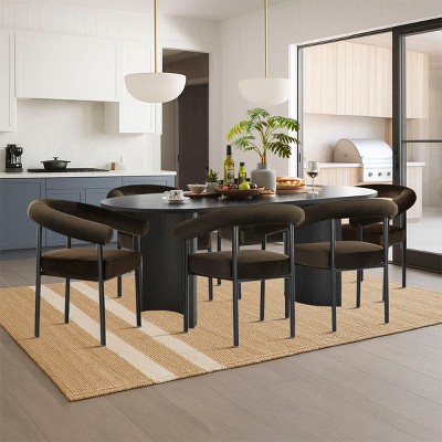 7-Piece Dining Table Set with Velvet Armchairs, 79" Oval Table and 6 Mink Ultra-Comfort Upholstered Chairs for Dining Room-Maison Boucle