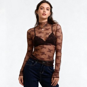 Women’s Floral Lace Slim-Fit Top – Sheer Stretch Tee with Baby Overlock Edge, Versatile Cherie Code - 1 of 4