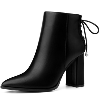 BLISSFUL STEP Women's Pointed Toe Chunky Heel Back Lace Up Ankle Boots