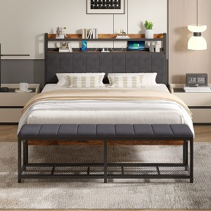 VECELO Full/Queen Upholstered Bed Frame with Storage End of Bed Bench, Platform Bed with Headboard & Charging Station, LED Lights, Gray - 1 of 4