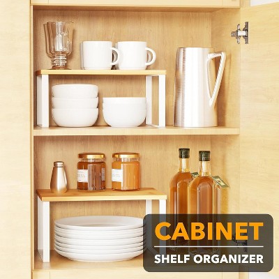 SpaceAid 2-Pack Kitchen Cabinet Shelf Racks, Expandable Spice Rack for Pantry & Cupboard Storage, White & Natural (Long) — фото 3