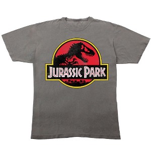 Jurassic Park Logo on vintage medium grey Short Sleeve Adult T-Shirt - 1 of 4