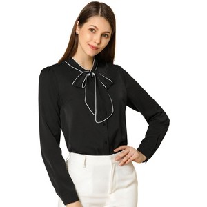 INSPIRE CHIC Women's Tie Neck Contrast Color Button Down Long Sleeves Shirt - 1 of 4