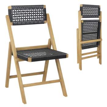 Costway 2/4 Piece Patio Folding Chairs with Woven Rope Seat & High Back Indonesia Teak Wood for Porch Natural&Black