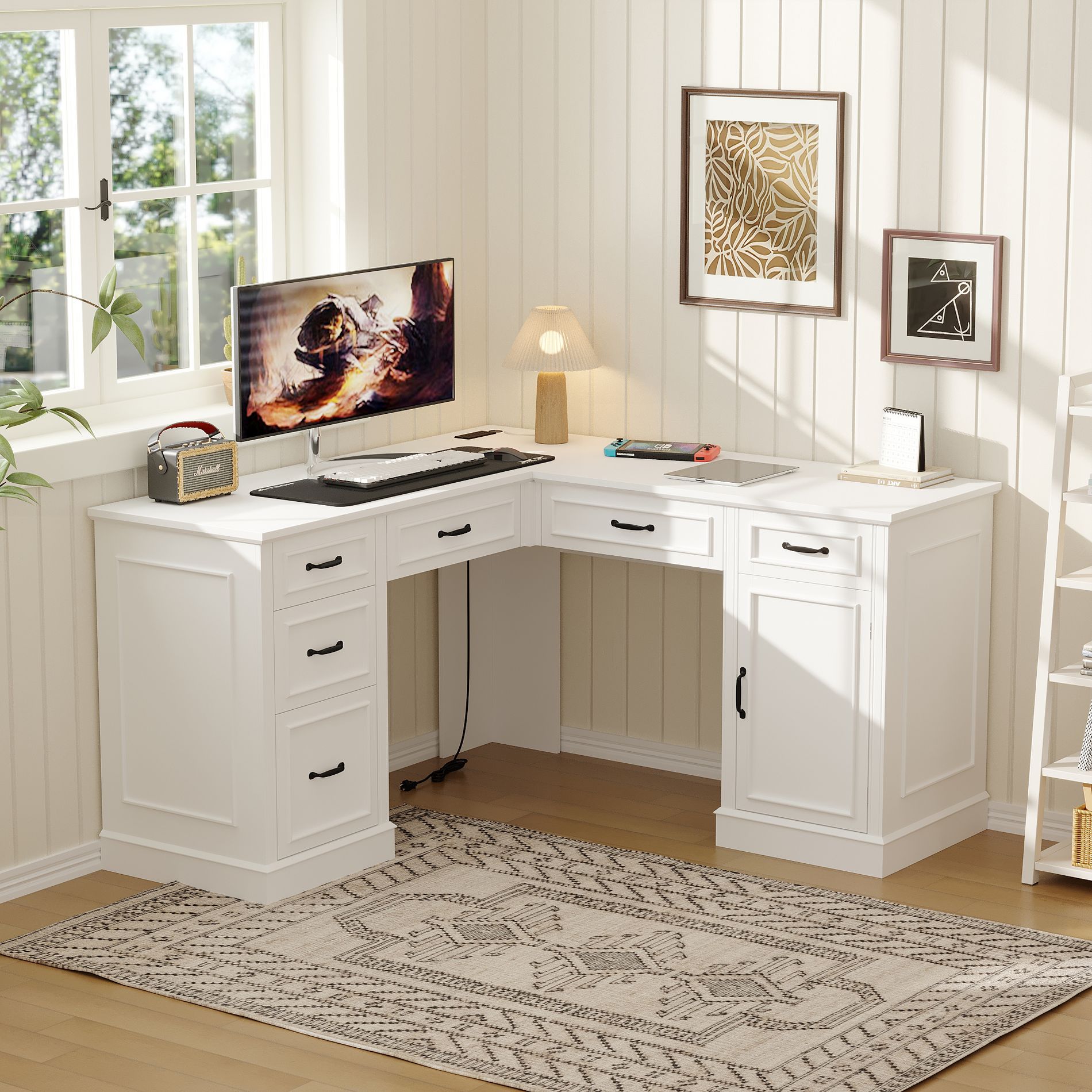 Famapy L - Shaped White Corner Desk Computer Desk with Desktop Socket Office Desk: Spacious Workspace & Ample Storage Writing desk