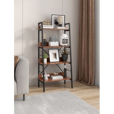 4 Tier Ladder Shelf, Rustic Bookshelf Storage Rack, Wood Metal Freestanding Storage Shelves For Plants, Display Shelves For Living Room Office