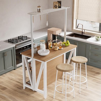 47" Wooden Kitchen Island with Power Outlet & LED Lights , Microwave Stand & Coffee Bar Station with 6 Hooks