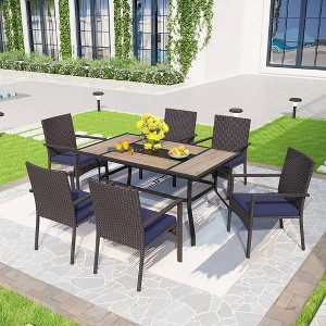 7pc Patio Dining Set with Rectangular Steel Table & Rattan Chairs Blue/Brown - Captiva Designs: Outdoor Furniture with Umbrella Hole - 1 of 4