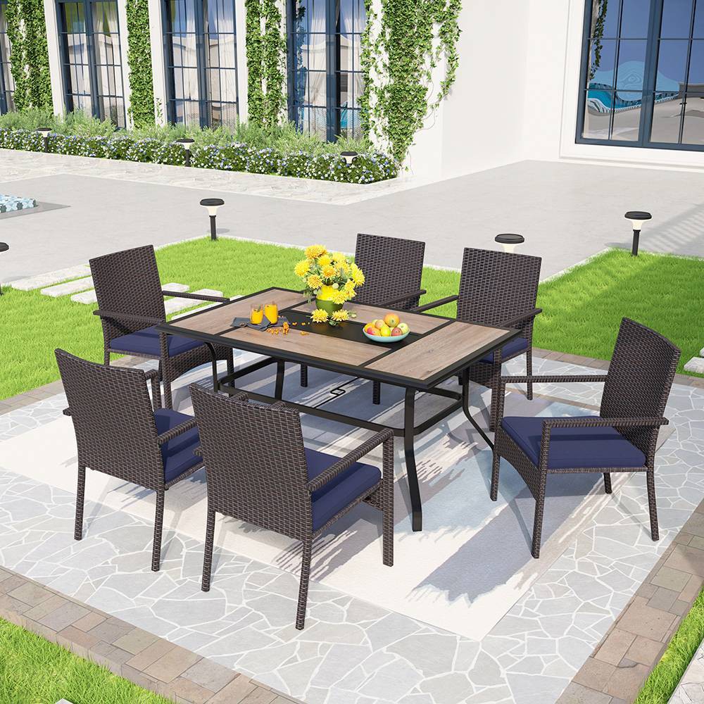 Photos - Garden Furniture 7pc Patio Dining Set with Rectangular Steel Table & Rattan Chairs Blue/Bro