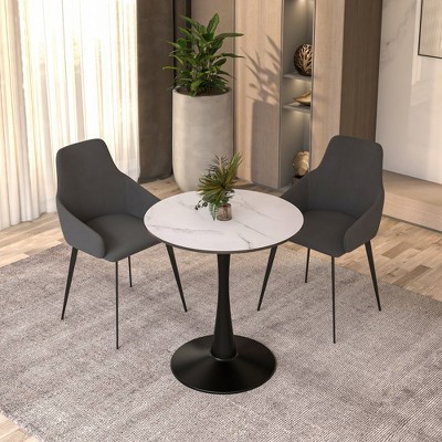 24" Round Marbled White MDF Dining Table with Black Steel Pedestal Base