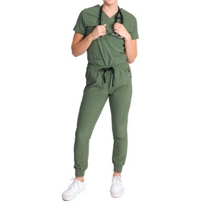 Medgear Fleur Women's Stretch Scrub Set with Zip Chest Pocket Top and Knit Rib Cuffs Jogger Pants - 1 of 4