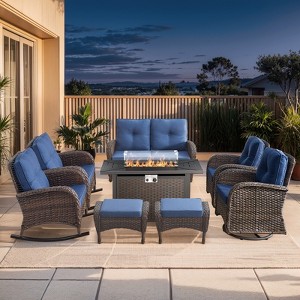 Buenhomino 9 Piece Wicker Outdoor Furniture Set with Thick Cushions, High Back Patio Furniture Set with Swivel Rocking Chairs and Fire Pit Table - 1 of 4