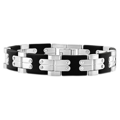 Pompeii3 Men's Polished Steel Brushed Black Two Tone Flexible 12mm Link  8 " Bracelet
