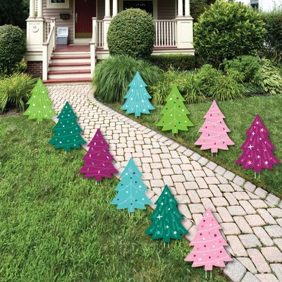 Big Dot of Happiness Merry and Bright Trees - Tree Lawn Decorations - Outdoor Colorful Whimsical Christmas Party Yard Decorations - 10 Piece