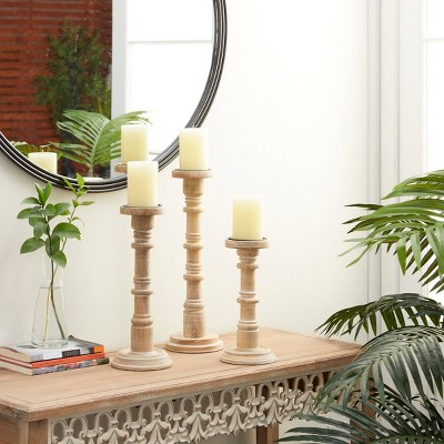 Vintage Natural Mango Wood Pillar Candle Holders, Set of 3