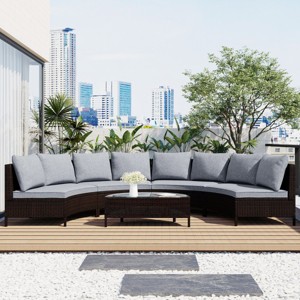5 Piece Half-Moon Brown PE Rattan Outdoor Garden Sofa Set,Outdoor Conversation Set,Steel Patio Balcony Wicker Furniture with Cushions-Coolbibila - 1 of 4