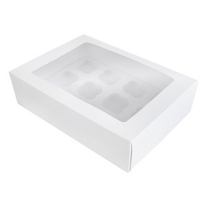 O'Creme White Cardboard Window Cake Box with Cupcake Insert, 14" x 10" x 4" - Pack of 5 - 1 of 3