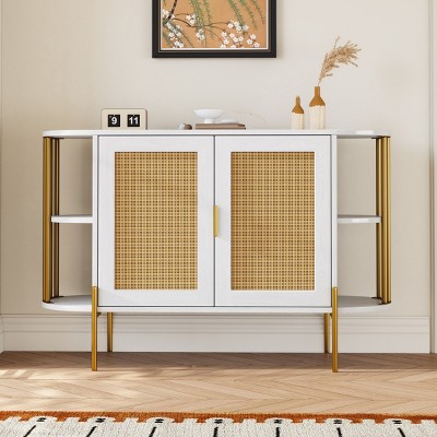 Accent Cabinet With 2 Doors, Storage Cabinet With Open Side Cabinet, Cabinet Coffee Bar Includes An Adjustable Shelf Inside-Cuddlewood