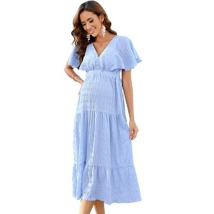 WhizMax Maternity Dress Women's V Neck Short Sleeve Smocked Ruffle Tiered flowing Pleated Midi Dress Photoshoot Baby Shower - 1 of 4