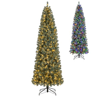 Tangkula 9/7.5/6.5/4.5 FT Pre-lit Artificial Christmas Tree, Hinged Pencil Xmas Tree w/ 1168/724/556/256 Blue Branch Tips, 500/250/200/100 Warm White & Multi-color LED Lights