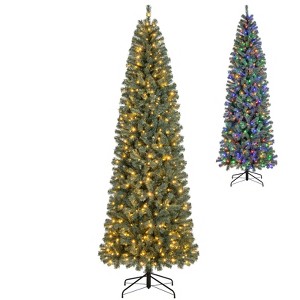 Tangkula 9/7.5/6.5/4.5 FT Pre-lit Artificial Christmas Tree, Hinged Pencil Xmas Tree w/ 1168/724/556/256 Blue Branch Tips, 500/250/200/100 Warm White & Multi-color LED Lights - 1 of 4