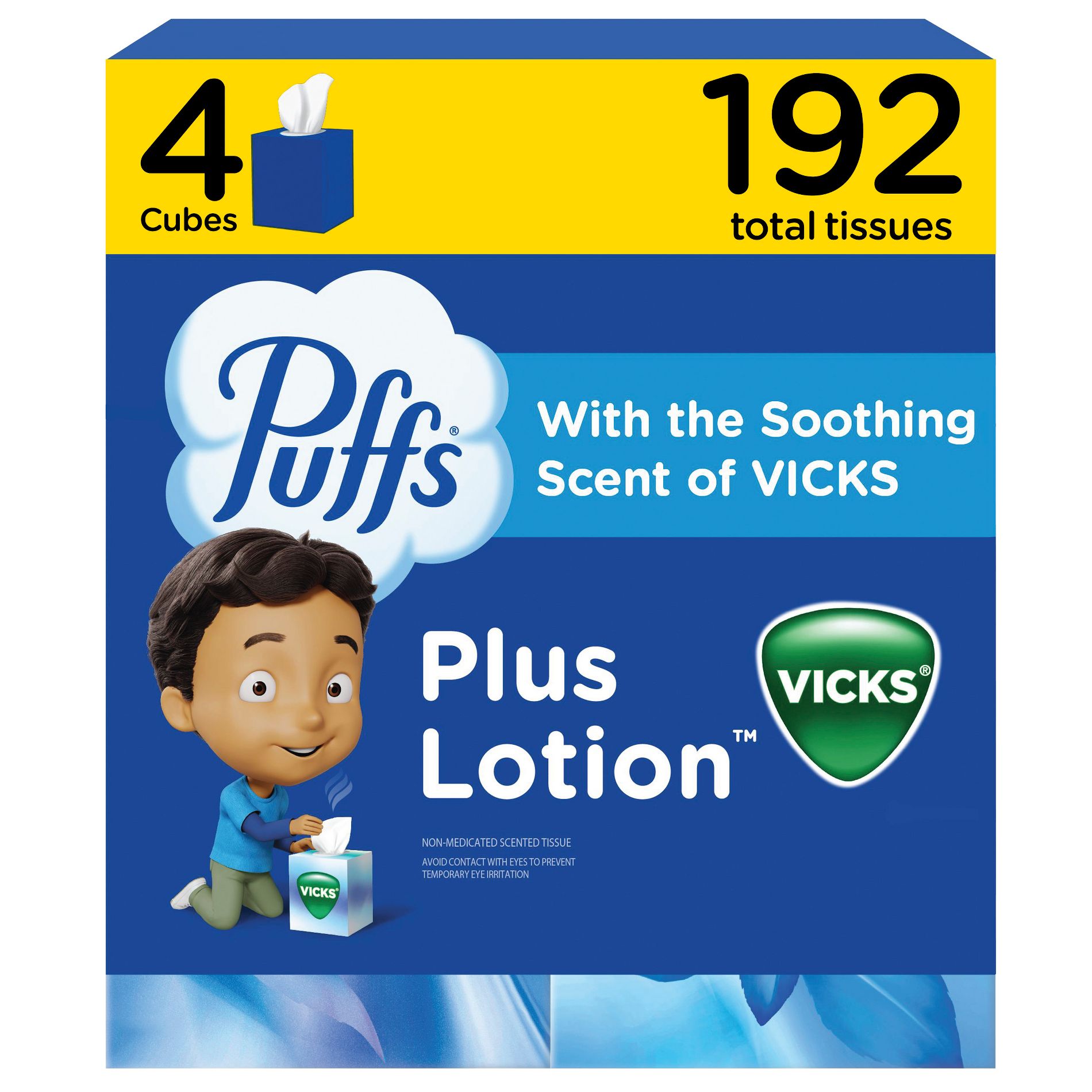 Puffs Plus Lotion with Scent of VICKS Facial Tissue - 4pk/192ct: Square, Dye-Free, Non-Toxic, 2-Ply