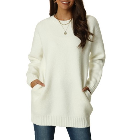 Seta T Women's Fall Winter Round Neck Long Sleeve Casual Tunic Sweater With  Pockets White Medium : Target