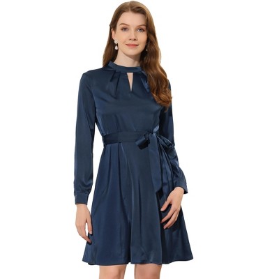 INSPIRE CHIC Women's Mock Neck Long Sleeve Satin Keyhole Tie Waist A-line Dress