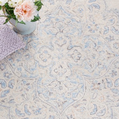 Ivory and Blue Handmade Wool Tufted Square Rug 5'