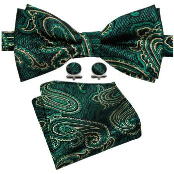 Men's Green Paisley 100% Silk Pre-Tied adjustable Bow Tie Pocket Square Cufflinks Set