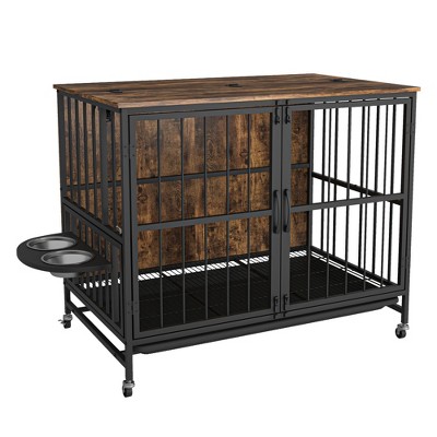 Akoasm 37.79 inch Double-Door Dog House with Multi-Purpose Rremovable Ttray, 3 Height Adjustable Feeding Bowls-Brown