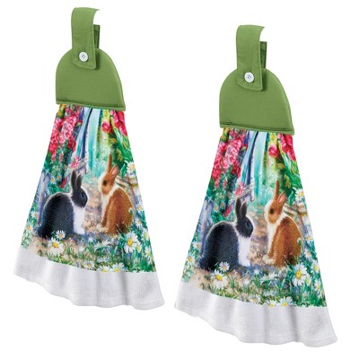 Collections Etc Spring Blossoms and Bunnies Hanging Kitchen Hand Towels Green