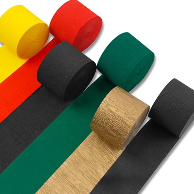 PartyWoo Crepe Paper Streamers Metallic Gold Black Green Red Yellow 6 Rolls 492 ft 1.8 in x 82 Ft Roll