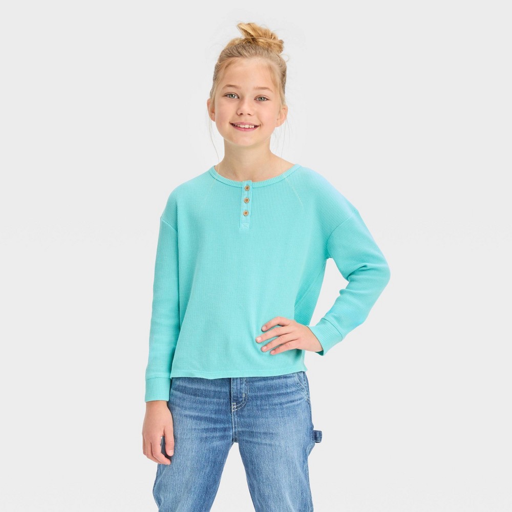 Girls' Long Sleeve Henley Waffle Top - Cat & Jack™ Light Turquoise Blue S ( pack of 2 ) 