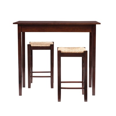 Espresso Brown Wood Counter Height Table Set with Rush Seat Stools