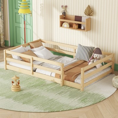 KIGFTSOD Floor Bed, Montessori Floor Bed with Fence, Kids Montessori Bed Full Size, Wood Montessori Floor Bed for Kids, Girls