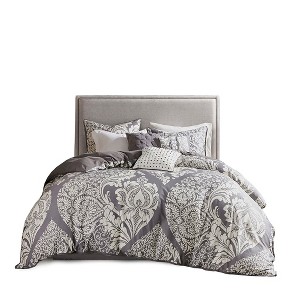 Gulches Multicolor Gray Transitional Intricate Damask 200TC Cotton Sateen with Polyester Fill Full Queen 6 Piece Printed Duvet Cover Set Blanket - 1 of 4