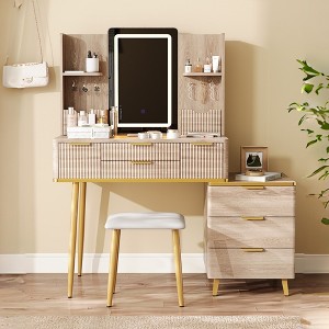 QingMoon Makeup Vanity Desk Set, 7-Drawer Fluted Dressing Table and PU Stool, with Mirror, Storage Shelves and Metal Legs for Bedroom - 1 of 4