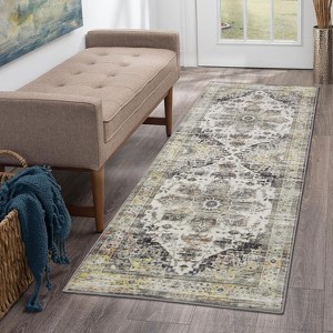 Living Room Rug, 2'x6' Washable Vintage Rug, Stain-Resistant with Non-Slip Backing, Soft and Ideal for Nursery or Apartment, Brown - 1 of 4