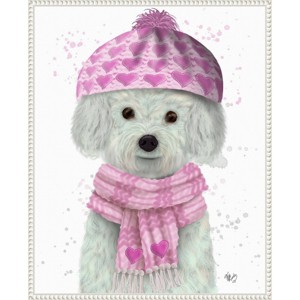 Amanti Art 23"x28" Bichon Frise in Pink Bobble Hat by Fab Funky Framed Canvas Wall Art - 1 of 4